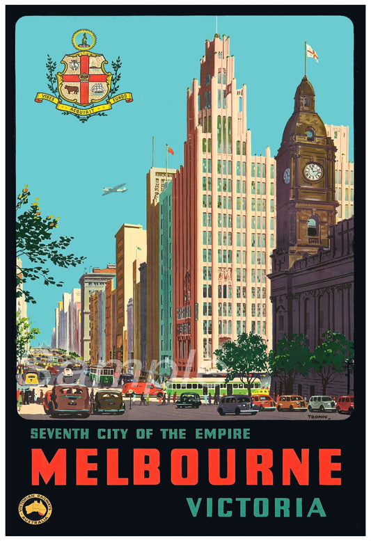 Vintage style travel poster depicting a colorful illustration of Melbourne cityscape, including notable landmarks such as the Flinders Street Station and the Melbourne Town Hall, with a vintage aesthetic design.