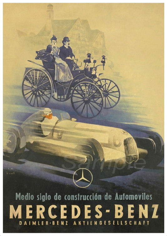 Vintage advertising poster print featuring a Mercedes Benz car and a horse-drawn carriage with a blue background.