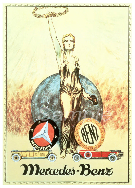 Vintage style advertising poster for Mercedes Benz featuring a stylized illustration of a woman with a car, with the Mercedes Benz logo and a 'Best regards from' signature at the bottom.
