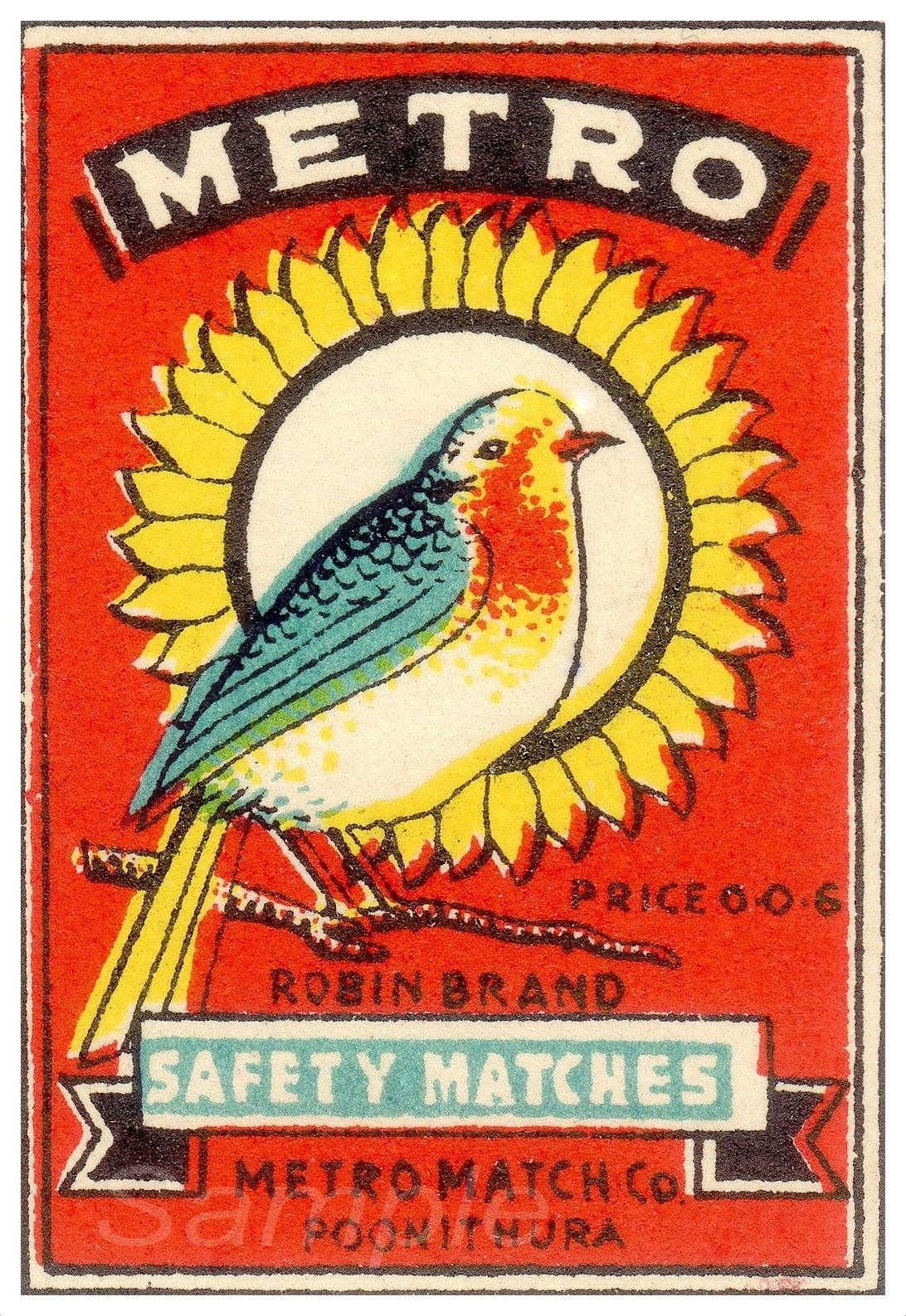 Vintage advertising poster for Metro Safety Matches featuring a bird perched on a sunflower, with the brand name and price mentioned.