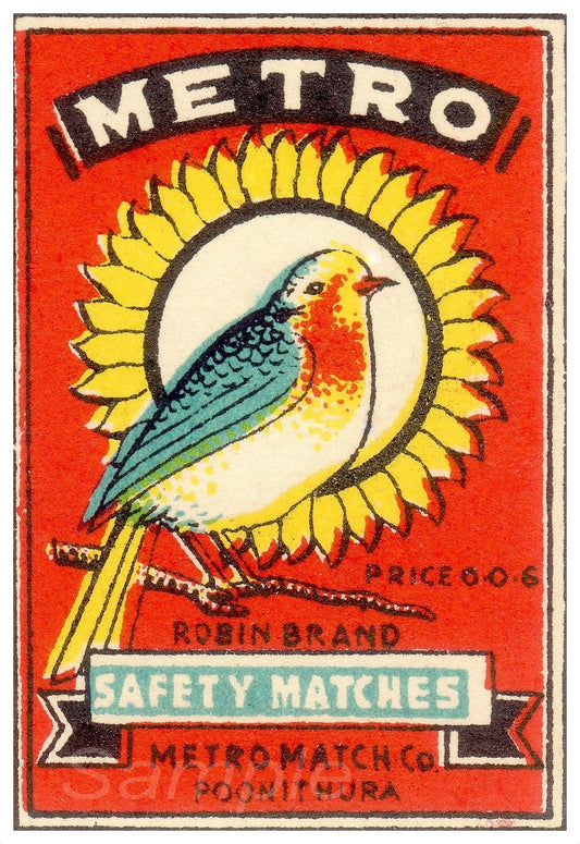 Vintage advertising poster for Metro Safety Matches featuring a bird perched on a sunflower, with the brand name and price mentioned.