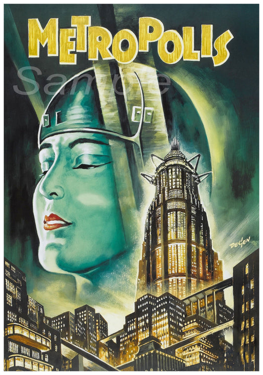 A vintage movie poster print of the 1927 film 'Metropolis', featuring a stylized depiction of a female figure's head and a cityscape.