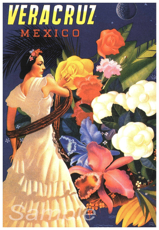 Vintage style travel poster featuring a woman in a white dress with a large bouquet of colorful flowers and the text 'Veracruz Mexico'.