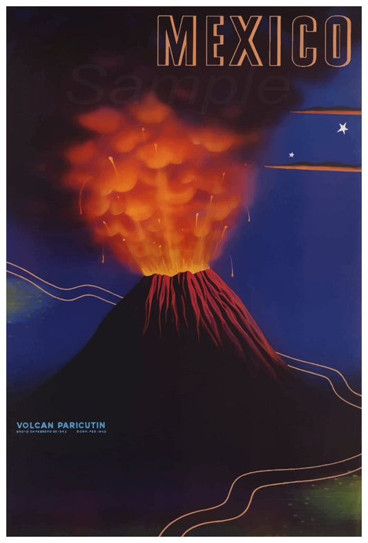 Vintage-style poster of an erupting volcano with 'Mexico' at the top