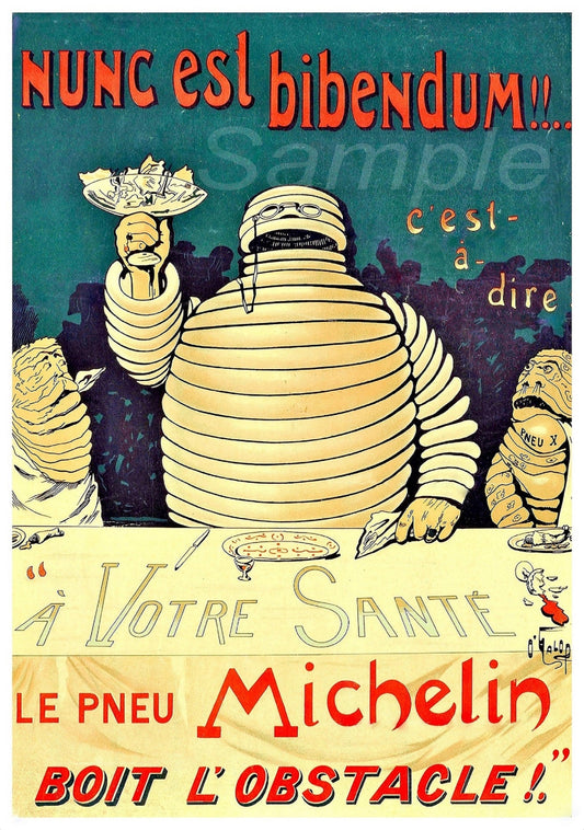 Vintage Michelin Tyres advertising poster featuring an illustrated scene with a Michelin man and text.