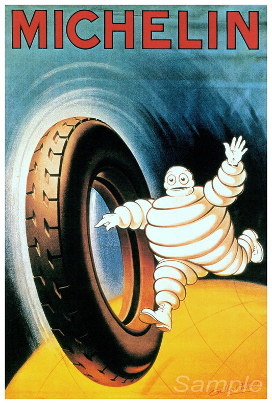 A vintage Michelin Tyres advertisement poster featuring the Michelin man alongside a tire.