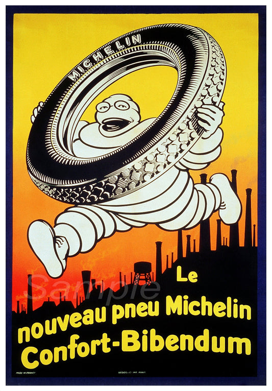 A vintage Michelin Tyres advertisement poster featuring an illustrated tire character and text against a yellow and orange background.