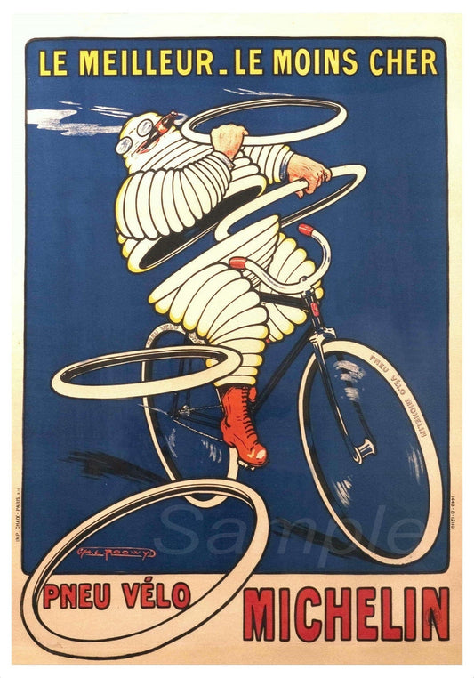 Vintage advertising poster featuring a stylized illustration of a person on a bicycle with a large tire, against a blue background, with the Michelin logo and the text 'Le Meilleur Mains Cher'.