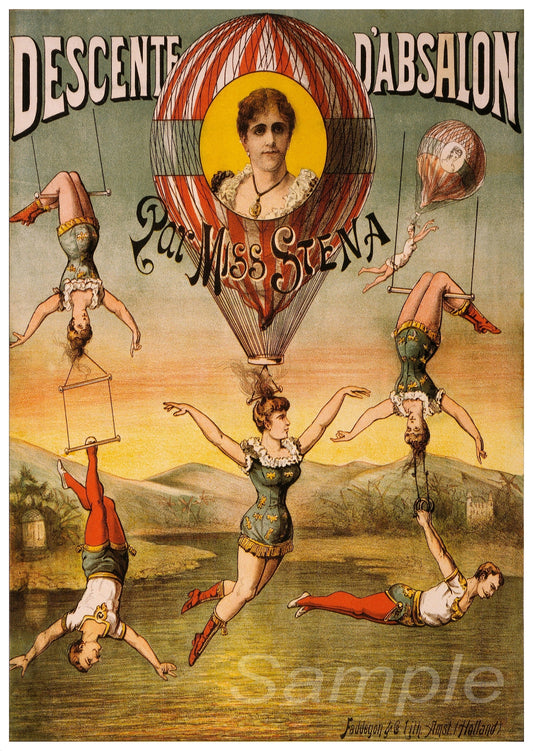 Vintage advertising poster featuring acrobatics and a central character, Miss Stena, with a circus backdrop.
