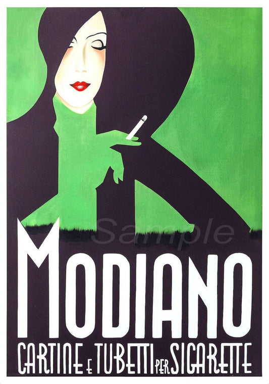 Vintage advertising poster for Modiano cigarettes featuring a woman in a green-tone image with the brand name prominently displayed.