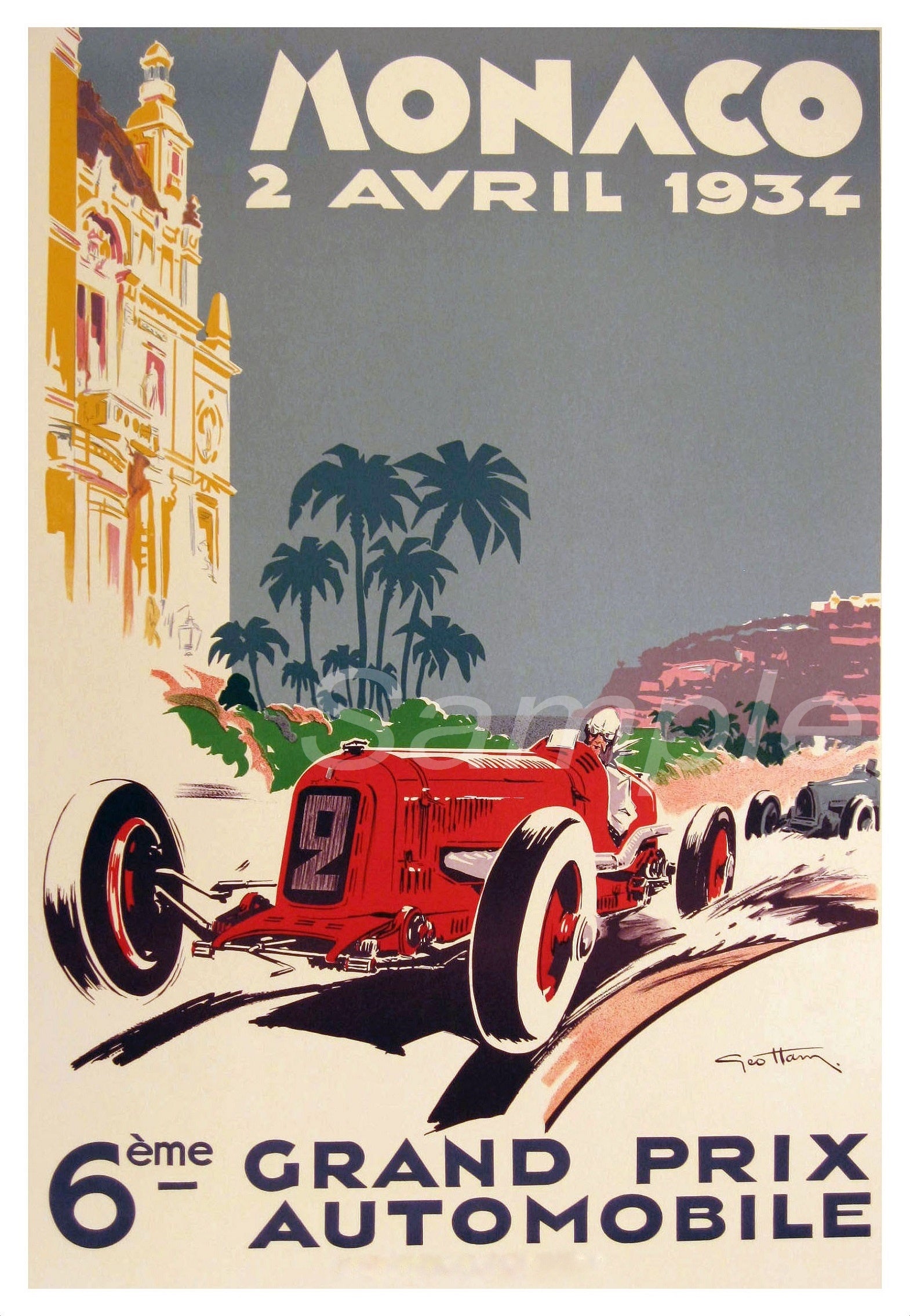 Vintage style poster print for the 1934 Monaco Grand Prix with illustrations of racing cars and the Monaco circuit.