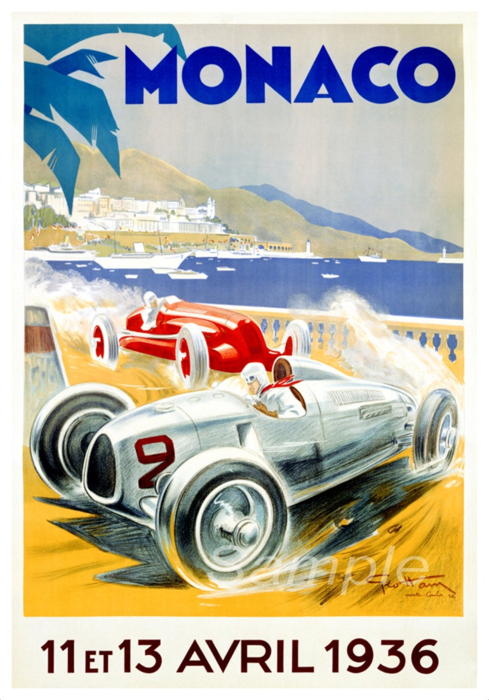 Vintage style poster print featuring a racing car with 'Monaco' text above and a date '11/04/1936' at the bottom. The background is a vibrant representation of a Monaco street scene with palm trees.