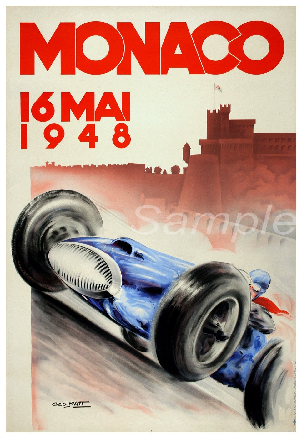 A vintage poster of the 1948 Monaco Grand Prix featuring a racing car with prominent text indicating the date and location.