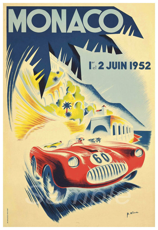 A vintage poster print of the 1952 Monaco Grand Prix featuring a red racing car with the number 60 on it, against a background of Monaco's cityscape and a palm tree.