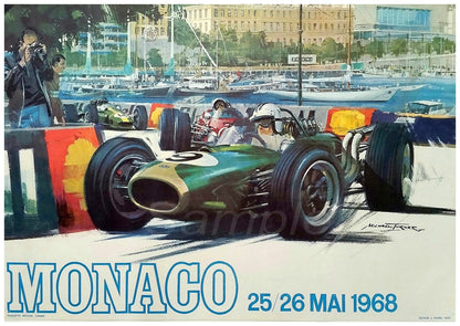 Vintage poster print of the 1968 Monaco Grand Prix featuring a green racing car on a track with spectators and buildings in the background.