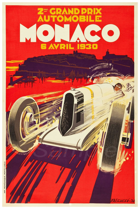 Vintage poster print featuring a racing car in motion with a red and purple backdrop, and the text '2eme Grand-Prix Automobile Monaco, 6 avril 1930'.