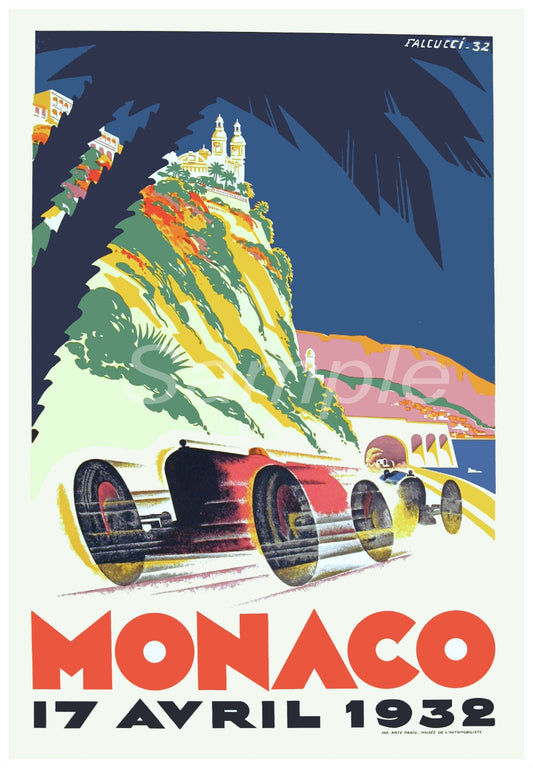 Vintage style poster print featuring a stylized depiction of a race car in motion on a track with a vibrant blue sky and palm trees in the background, with the text 'Monaco' and a date '17 avril 1932' at the bottom.