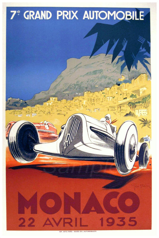 A vintage poster print featuring a car race in Monaco with a vibrant color palette and retro graphics. The text reads '7 Grand Prix Automobile Monaco' with a date '22 avril 1935'.