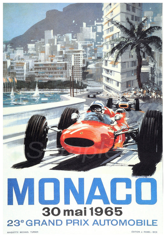 Vintage style poster print of the 1965 Monaco Grand Prix with a red racing car and palm trees in the background.