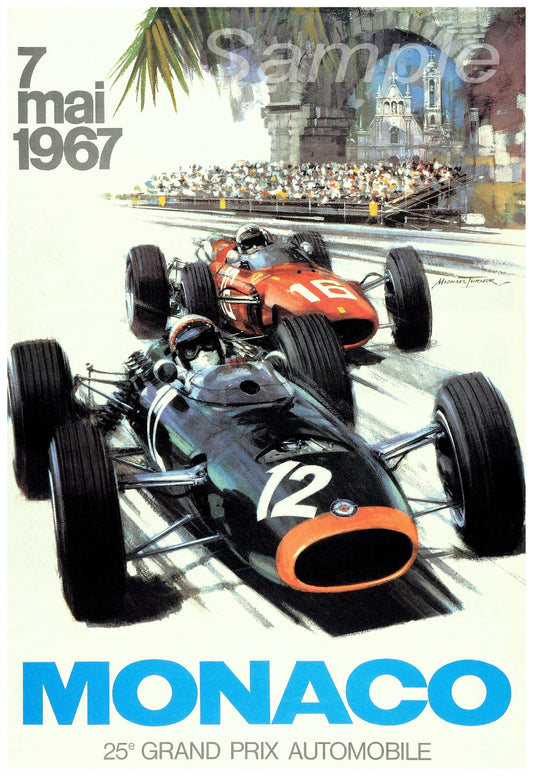 Vintage poster print of the 1967 Monaco Grand Prix featuring images of race cars on the track with the Monaco skyline in the background.