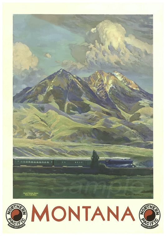 Vintage railway poster featuring a train on a track with a mountainous landscape in the background, titled 'Montana'.