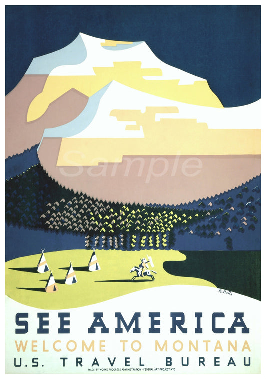 Vintage style travel poster featuring a landscape with a mountain in the background and a camping scene with a tent and a fire in the foreground, with the text 'SEE AMERICA' and 'Welcome to Montana' by the U.S.