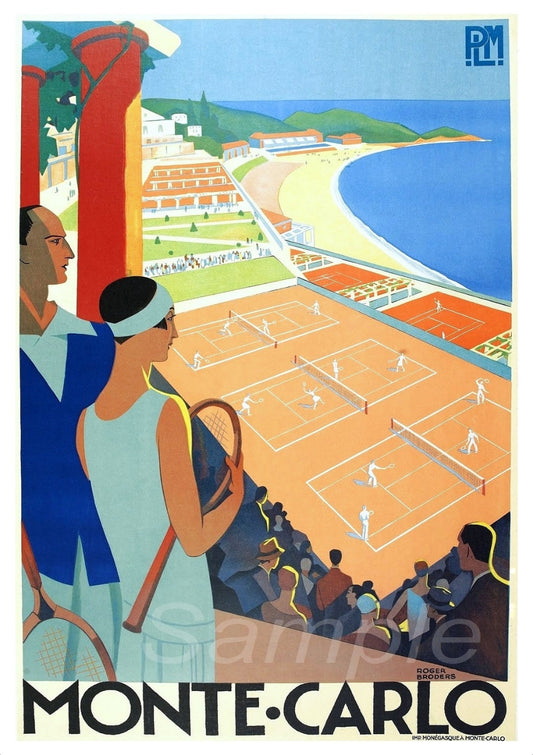 Vintage travel poster depicting a tennis match with spectators in Monte Carlo, ready to be framed.