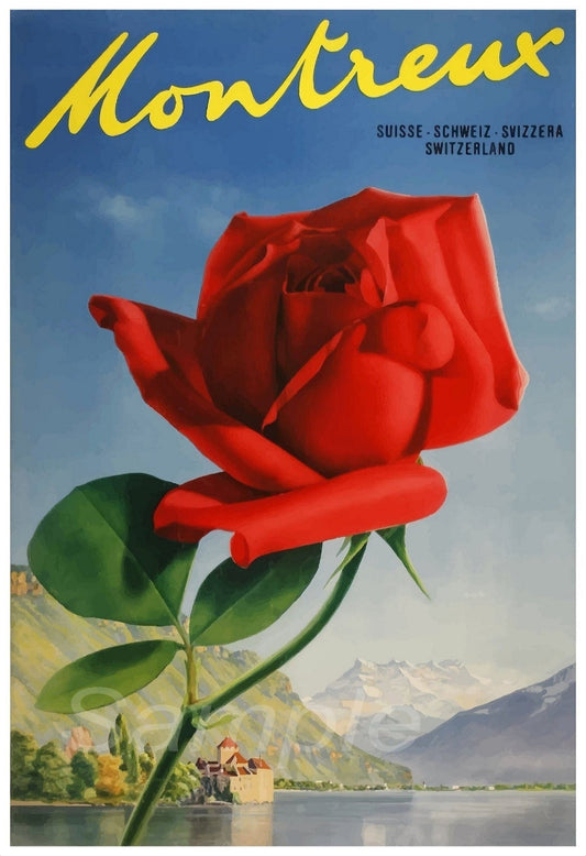 Vintage travel poster featuring a red rose and a vibrant blue sky with mountains in the background, and the text 'Montreux' at the top.