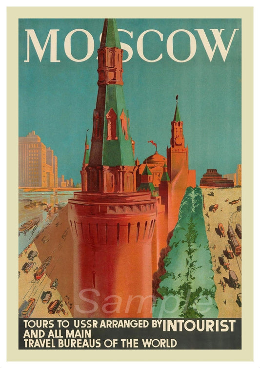 Vintage style travel poster depicting a colorful map of Moscow with prominent landmarks, such as the Kremlin and St. Basil's Cathedral, surrounded by a vibrant red background.
