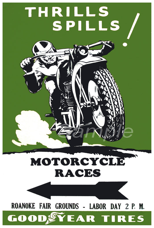 Vintage style advertising poster featuring a motorcycle and a rider in mid-jump, with the text 'THRILLS SPILLS! MOTORCYCLE RACES' and directional arrows.