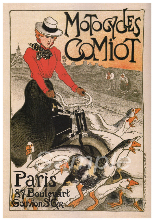 Vintage advertising poster for Motocycles Comiot featuring a woman on a motorcycle with a flock of birds around her, set against a sunset background. The poster has the text 'MOTOCYCLES COMIOT' and 'PARIS - 89 BAUDET WARD ST.