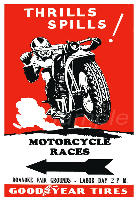 Vintage style advertising poster featuring a motorcycle and a rider in mid-air, with the text 'THRILLS SPILLS' and 'MOTORCYCLE RACES' on a red background, indicating a vintage theme.