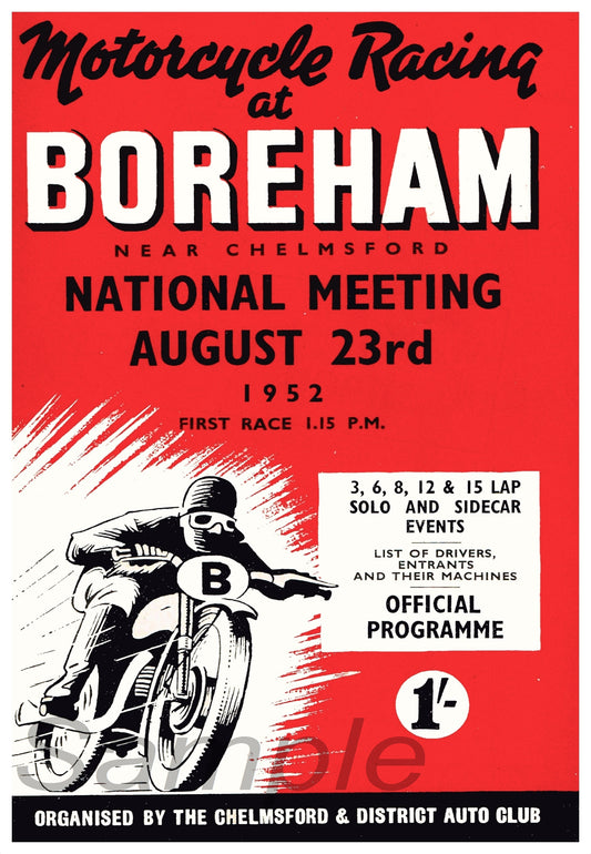 Vintage style poster print promoting motorcycle racing at Boreham with a illustration of a motorcycle and a person wearing a helmet.