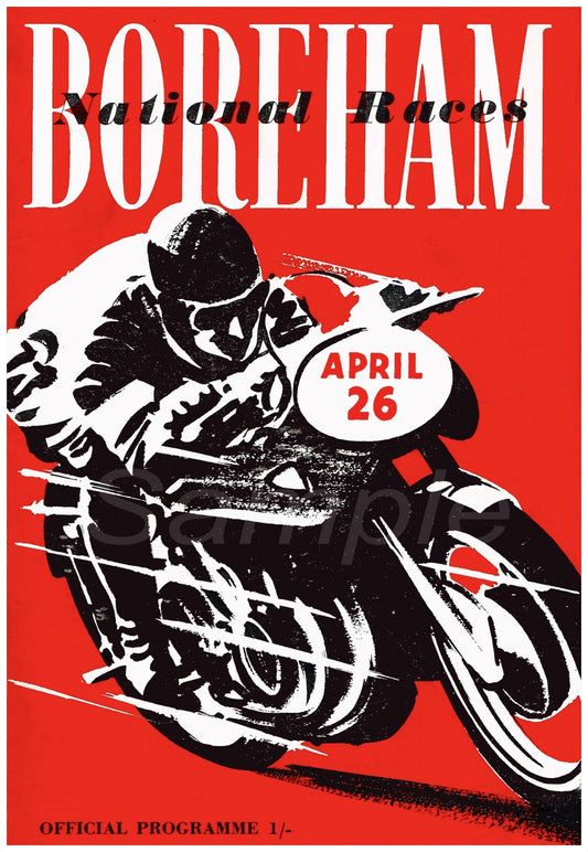 Vintage style advertising poster featuring a motorcycle and a racer, with 'Boreham' and 'National Racks' text, and a date 'April 26'.