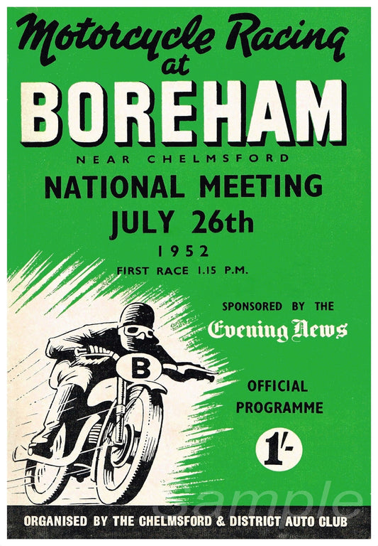 Vintage advertising poster for motorcycle racing event at Boreham, featuring a green and white color scheme with text and an illustration of a motorcycle.