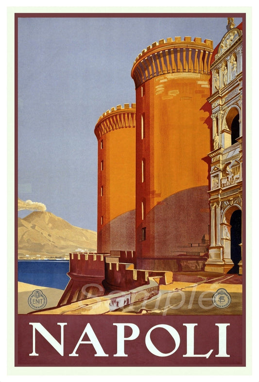 Vintage style travel poster depicting the city of Napoli in Italy, featuring iconic landmarks and a vibrant color palette.