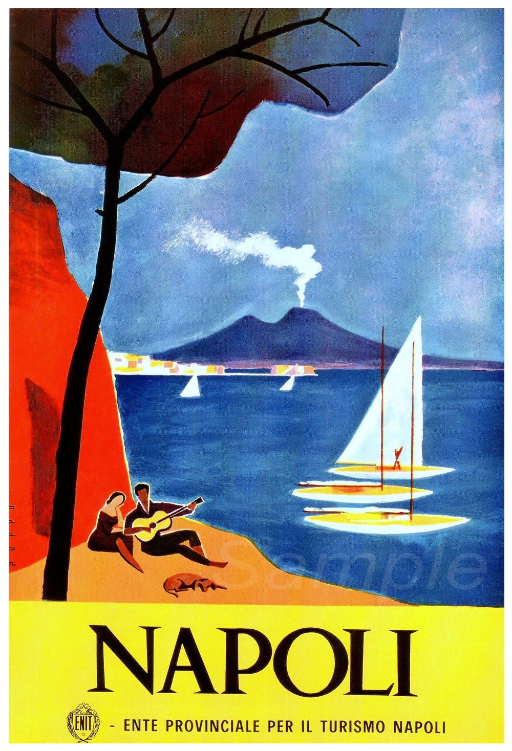 Vintage travel poster depicting a colorful scene of Napoli, Italy, with a tree, a guitarist, and a sailboat in the foreground, against a blue sky and red cliffs background.