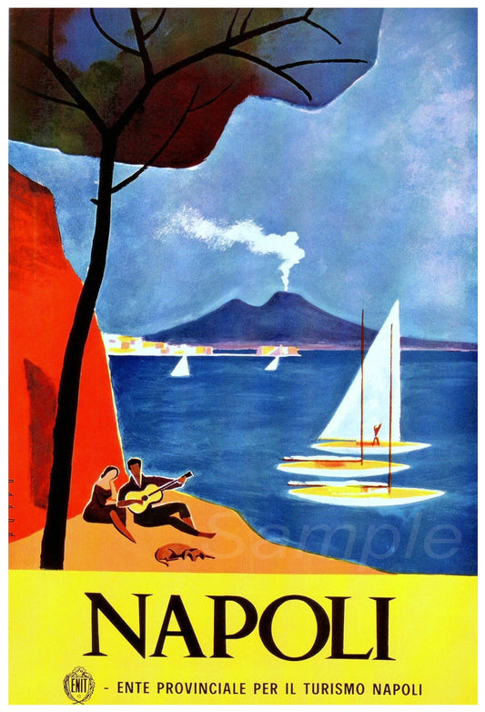 Vintage travel poster depicting a colorful scene of Napoli, Italy, with a tree, a guitarist, and a sailboat in the foreground, against a blue sky and red cliffs background.