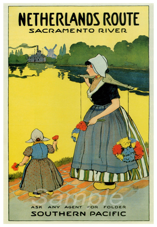 Vintage travel poster featuring a woman and a child on a riverbank with a background of trees and a building, advertising a route in the Netherlands.