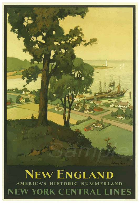 A vintage railway poster print featuring a pastoral scene with a tree, a house, a barn, a boat, and a lighthouse, titled 'New England New York Central Lines'.