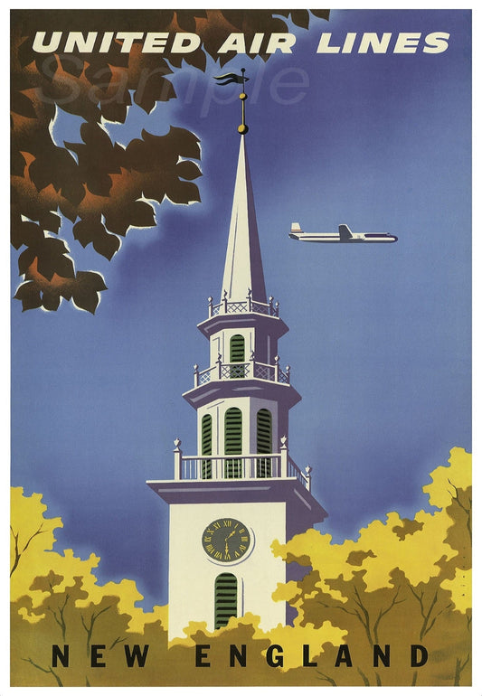 Vintage style travel poster featuring an airplane and a church steeple with autumn foliage in the background, and the text 'United Air Lines' at the top.