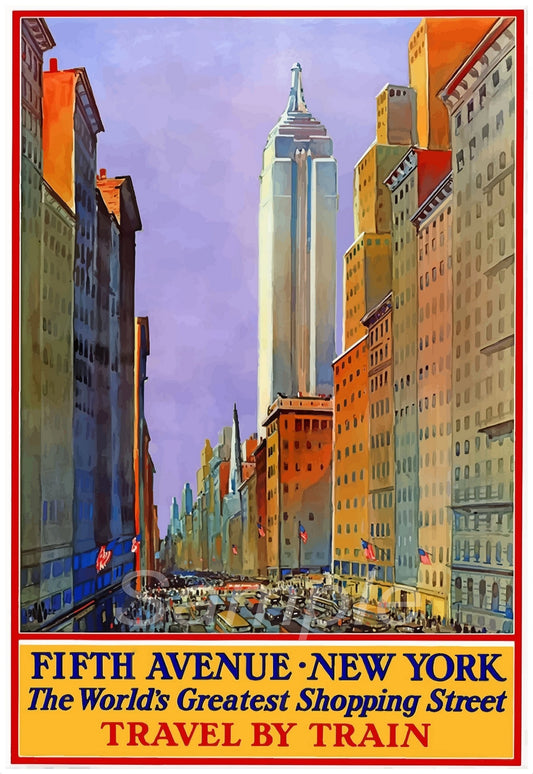 Vintage style travel poster depicting Fifth Avenue in New York with a vibrant illustration of the street and surrounding area, including a building resembling the Empire State Building.