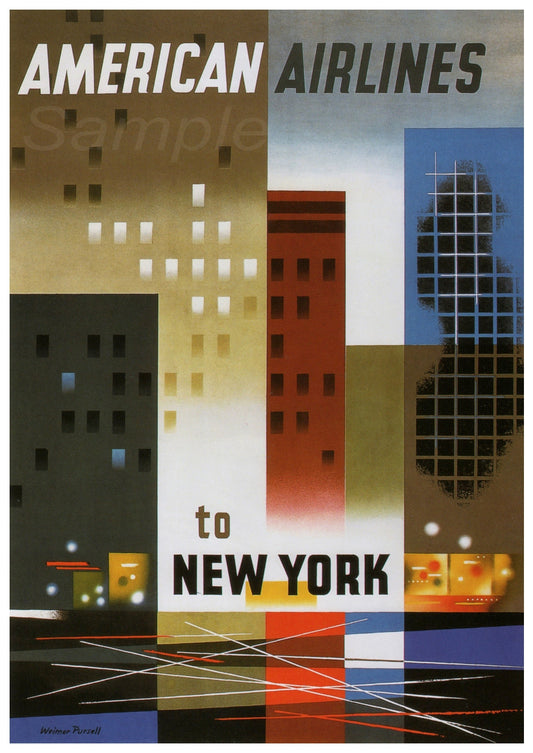 A vintage style travel poster depicting a cityscape at night with 'American Airlines to New York' text.