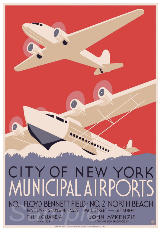 Vintage style travel poster featuring three aircraft and the text 'City of New York Municipal Airports' with a red background.