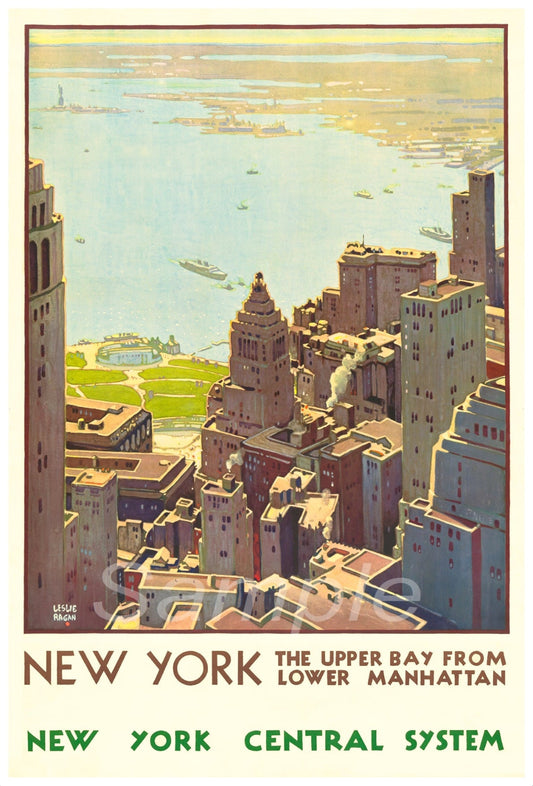 Vintage travel poster print featuring a panoramic view of New York City's skyline with the Upper Bay from Lower Manhattan, titled 'NEW YORK - THE UPPER BAY FROM LOWER MANHATTAN'.