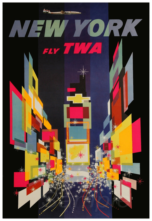 Vintage style travel poster featuring the text 'NEW YORK TWA' with a colorful graphic background showing a night view of the city's skyline and streets.