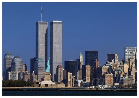 A vintage travel poster featuring the Twin Towers in New York City with a clear blue sky in the background.