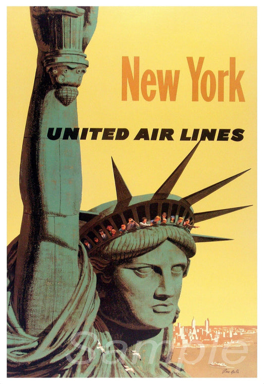 Vintage style travel poster featuring the Statue of Liberty and the text 'NEW YORK UNITED AIR LINES'.