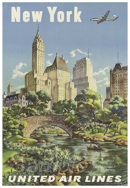 Vintage style travel poster featuring an illustration of New York City with the text 'United Air Lines' and 'NY02 NEW YORK'.