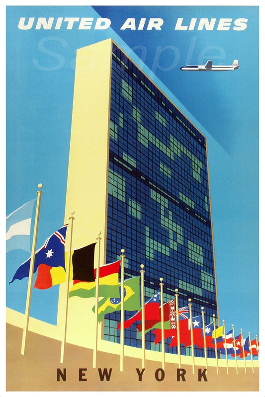Vintage style travel poster featuring the United Air Lines logo with an illustration of the United Nations building in New York and a plane in the sky above.